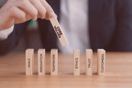 Bloc "CORE VALUES" posé sur un bureau, entouré de valeurs clés d'entreprise, accompagnement stratégique RH.
